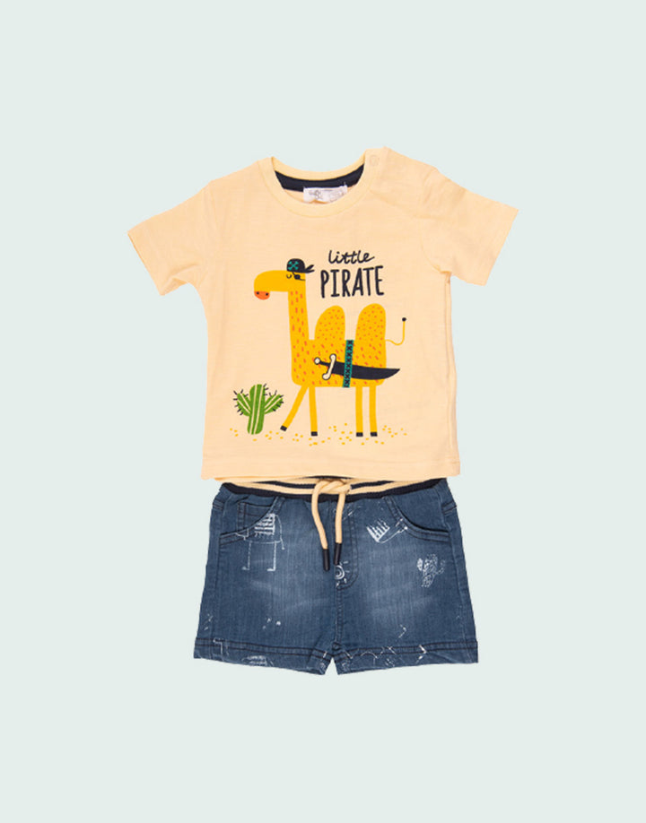 Boys little pirate t-shirt and denim shorts outfit set, front