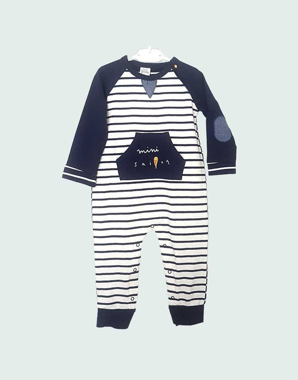 Mini sailor navy striped babygrow, front