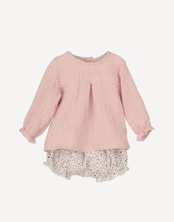 Muslin blouse and dainty floral bloomers outfit set, front