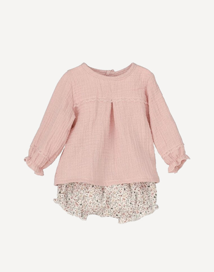 Muslin blouse and dainty floral bloomers outfit set, front