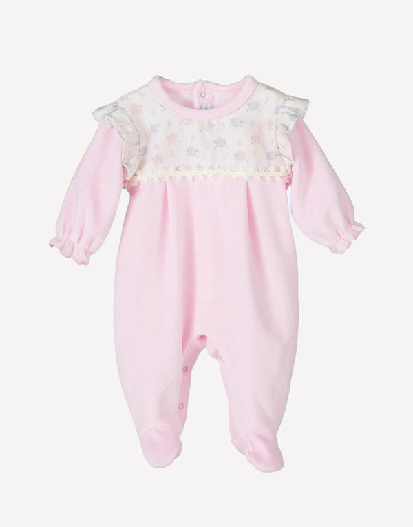 Pink Cotton Velour Babygrow with beautiful sheep print on chest with cotton trimming details