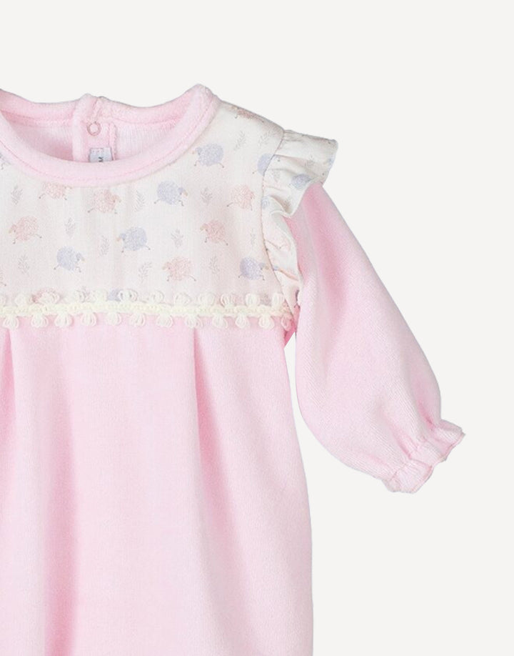 Pink Cotton Velour Babygrow with beautiful sheep print on chest with cotton trimming details