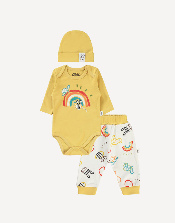 Made from 100% pure Turkish cotton, this baby wear gift set is the perfect way to greet little ones into the world. Set includes super cute hat ,leggings and a bodysuit.In a vibrant mustard hue adorned with cheerful rainbow and animal prints, this outfit set is sure to bring cheerful smiles all around.