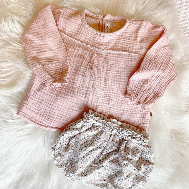 Blush Pink Muslin Blouse and Ditsy Floral 100 % Cotton Bloomers Outfit Set Muslin blouse and dainty floral bloomers outfit set